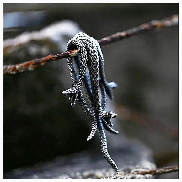 Triple Headed Serpent Snake Pendant Necklace Unisex - Picture 4 of 5